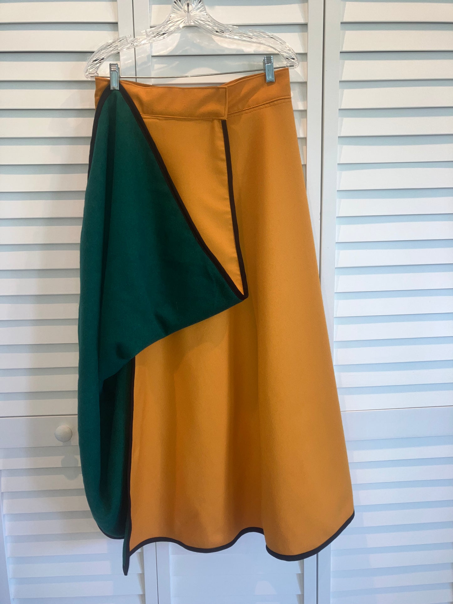 green wool and twill gold riding skirt
