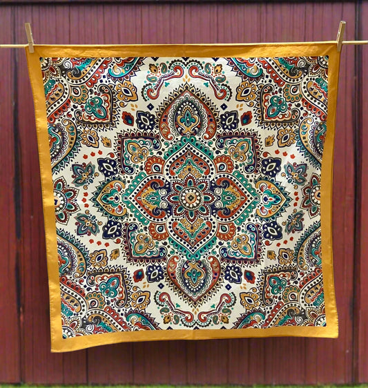gold and Jewl tone colored bandanna with mandala design