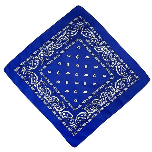 Blue bandana with white patterns on a blue background