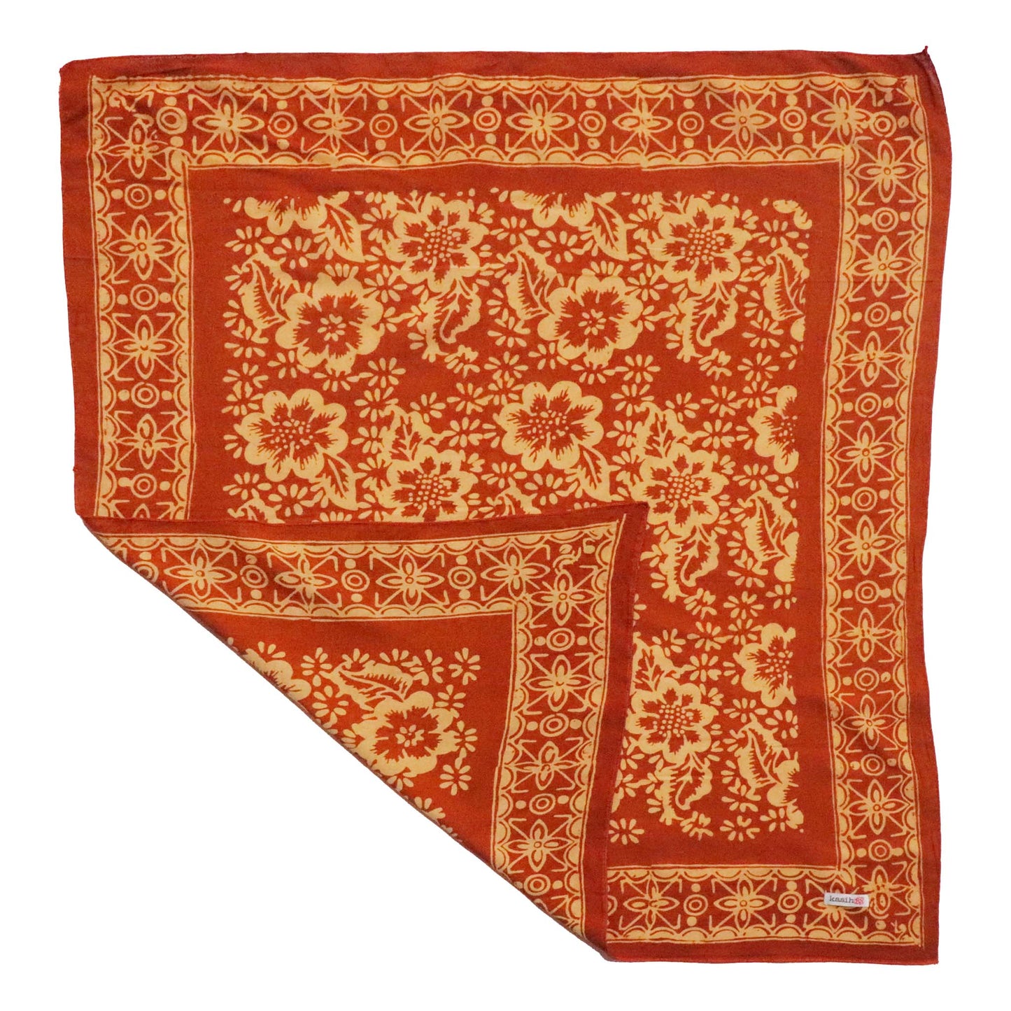Red scarf with gold floral pattern on a white background